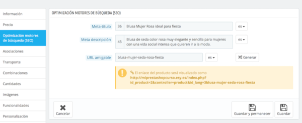 SEO productos Prestashop