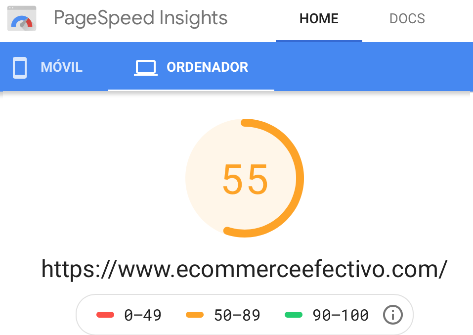 Rendimiento Tienda Online - Google PageSpeed Insights